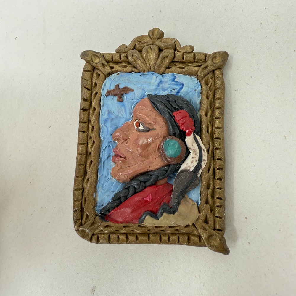 Native American Woman Profile Clay Art Pin Brooch Eagle‎ Sky Handmade